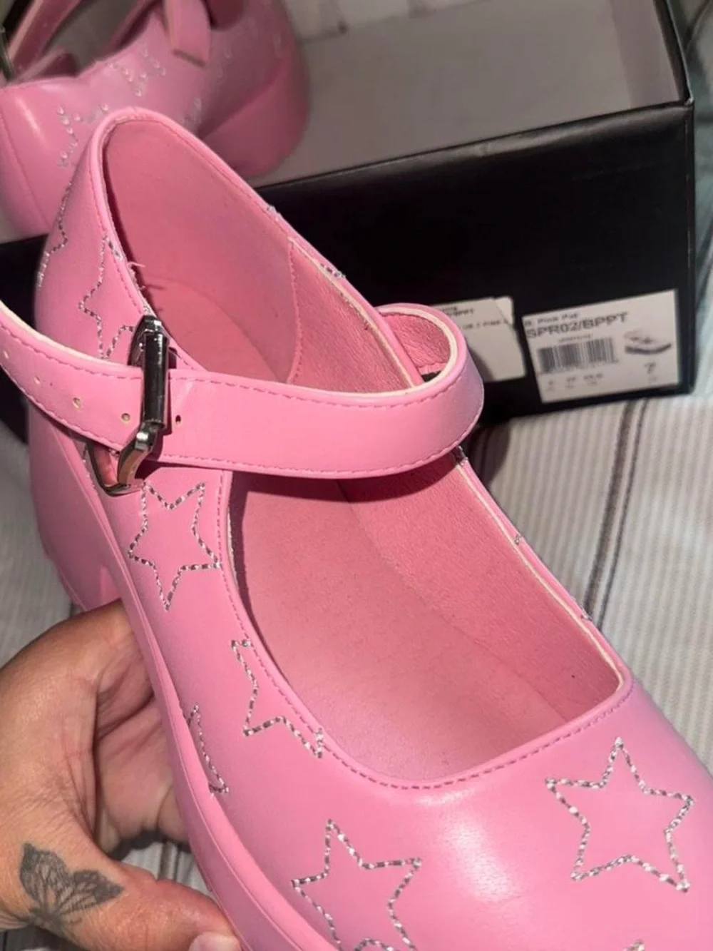 Demonia Pink Star-Studded Mary Jane Platform Shoes